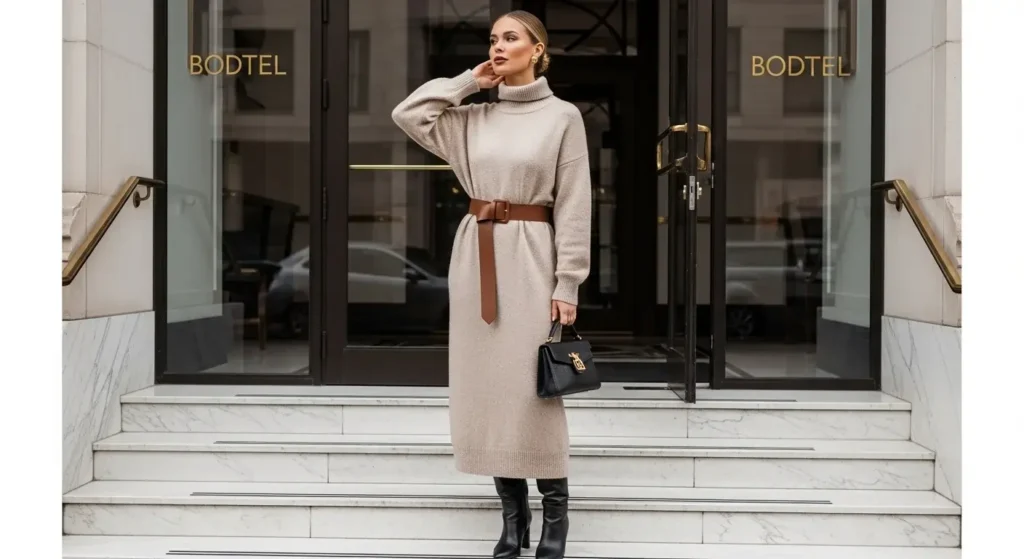 Maxi Sweater Dress + Belt + Tall Boots Must-Have Fall Outfits Ideas