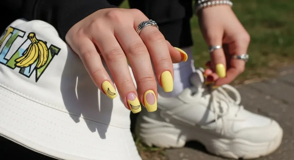 Banana Yellow Color-Block Tropical Fruit Nail Ideas for Summer 2025