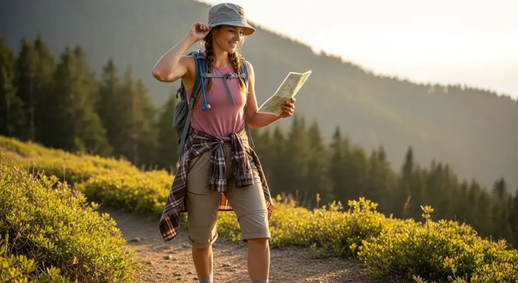 Convertible Hiking Pants + Moisture-Wick Tank + Flannel Hiking Outfits for Summer