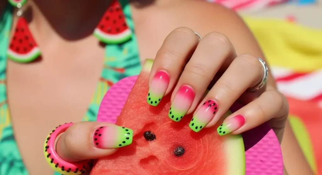 Watermelon Fade Tips Tropical Fruit Nail Ideas for Summer 2025