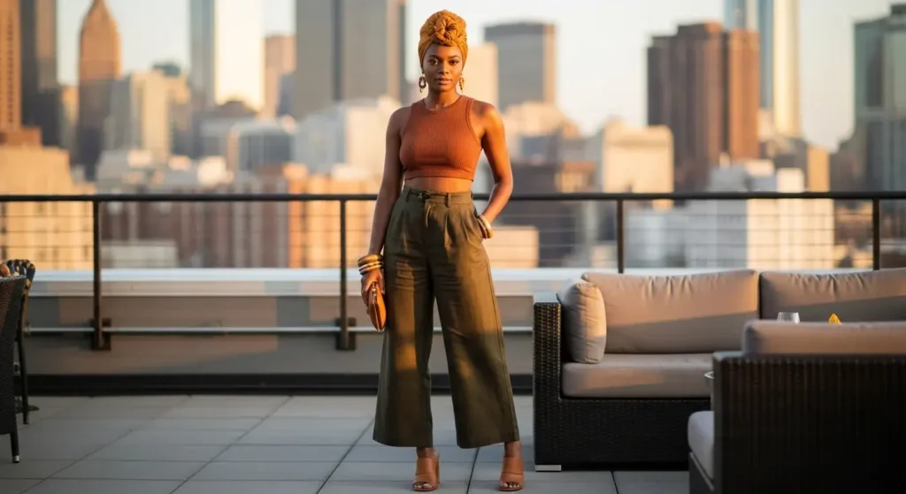 Crop Top + Wide-Leg Pants in Earth Tones Summer Outfits for Black Women