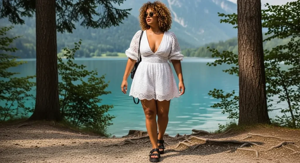 Eyelet Romper + Chunky Sandals Plus Size European Summer Outfits