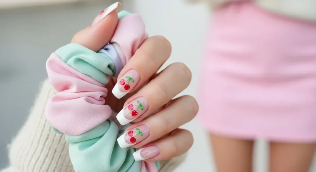 French Tips with Cherry Stamp Art Cherry Nail Inspo That Pops in 2025