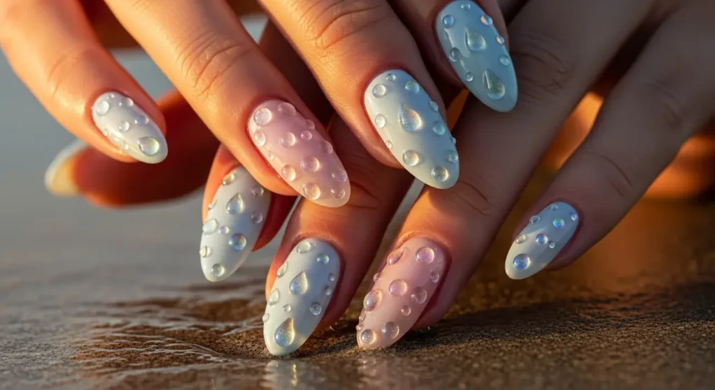 Glittering Water Drops Beach Nails That Shine in Summer