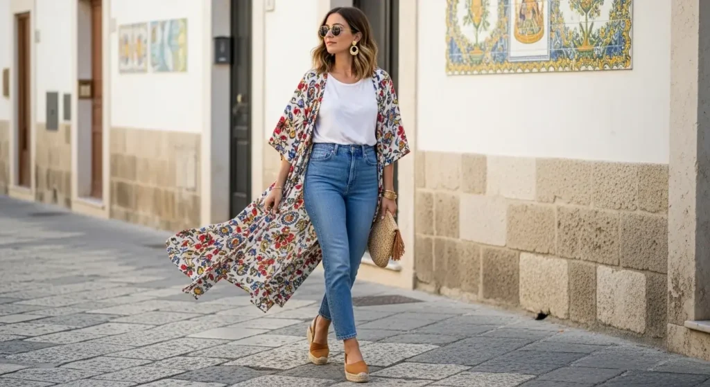Patterned Kimono + Simple Tee & Jeans Italy Summer Outfit Ideas