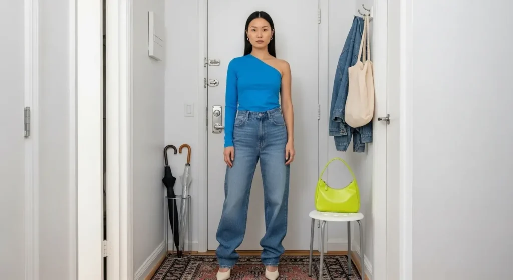 Asymmetrical Top + Slouchy Jeans + Kitten Heels Trendy Baggy Jeans Outfits for Women