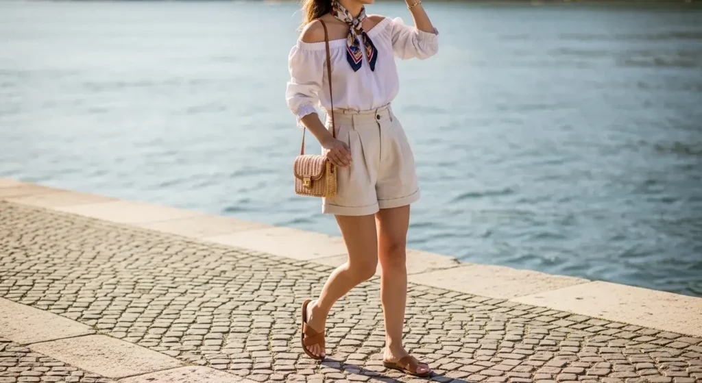High-Waisted Shorts + Off-Shoulder Blouse