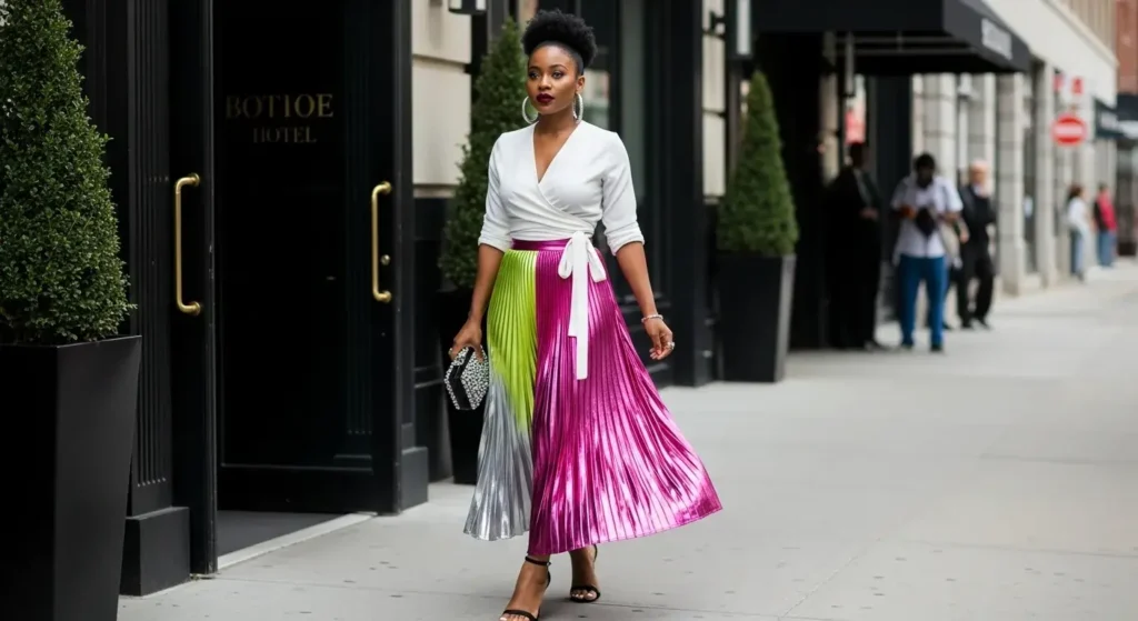 Wrap Top + Pleated Skirt in Neon or Metallics Summer Outfits for Black Women