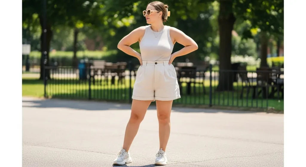 High-Waisted Shorts + Tank Top Midsize Summer Outfits for women
