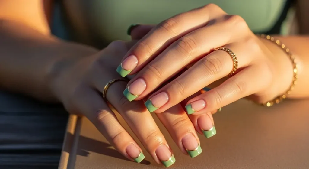Sage & Gold Micro French Fresh Green Nails for Summer