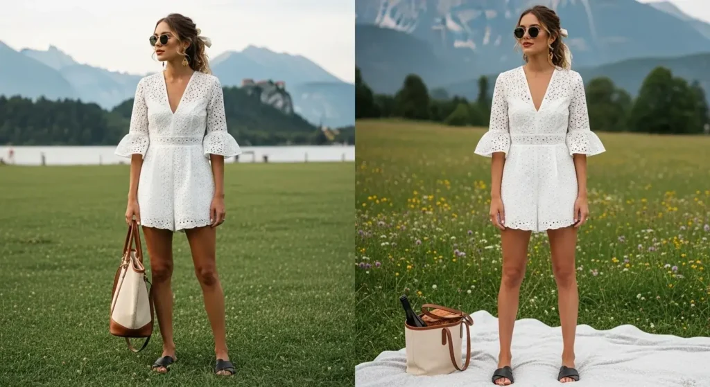 Eyelet Romper + Leather Slides European Chic Summer Outfits Ideas