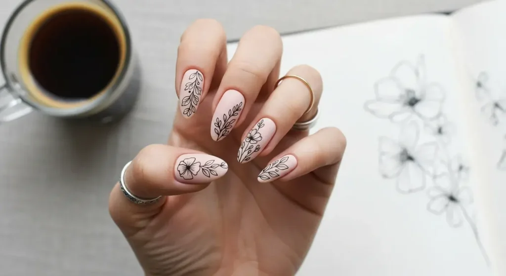 Minimal Line Art Florals Almond Nail Inspo for a Cute Summer