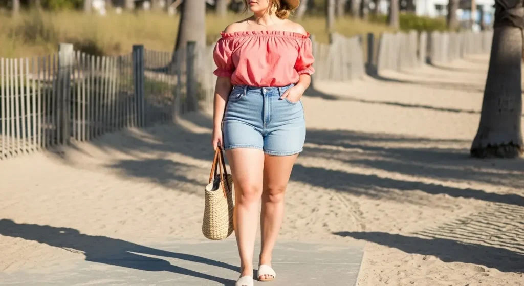 High-Waisted Denim Shorts + Off-Shoulder Blouse Curvy Summer Outfits for women