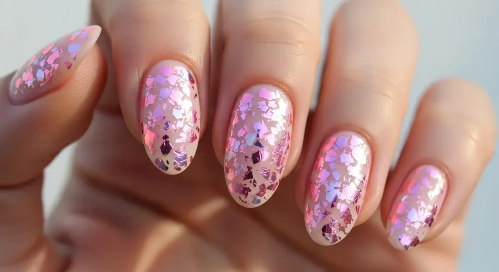 Pink Foil Flakes Prettiest Pink Nails for Summer