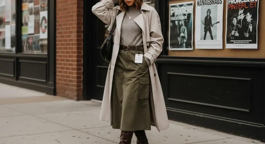 Statement Trench + Cargo Skirt + Knit Layer Winter Concert Outfits