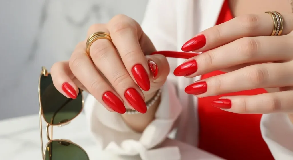 Classic High-Gloss Red Almonds Red Summer Nails