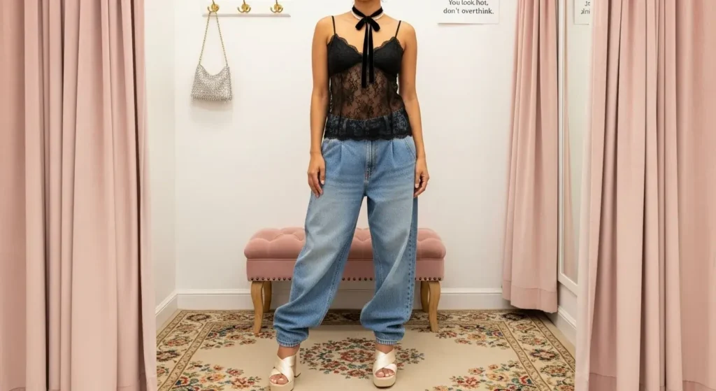 Lace Camisole + Baggy Jeans + Satin Platforms Trendy Baggy Jeans Outfits for Women