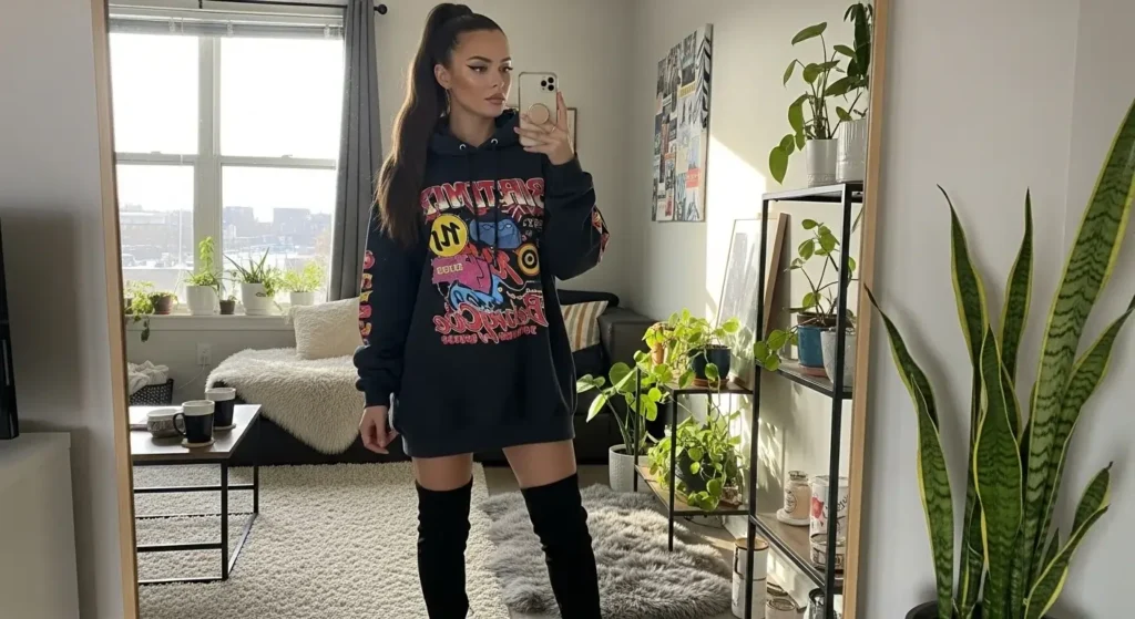 Oversized Graphic Hoodie + Thigh-Highs Baddie Fall Outfits Ideas
