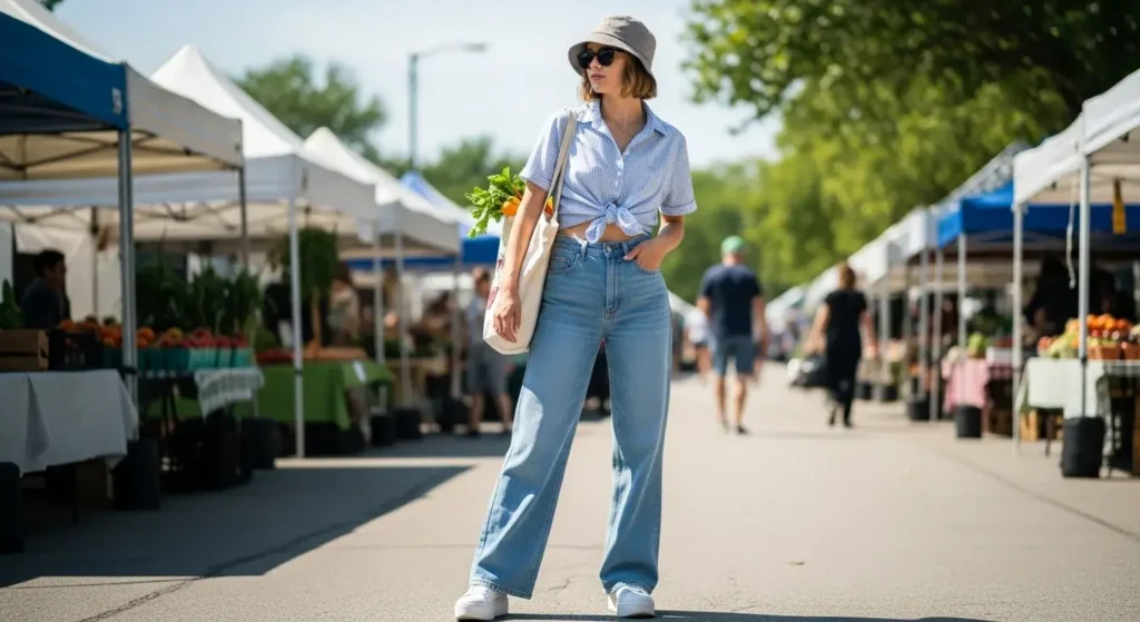 Wide-Leg Jeans + Cropped Button-Up Jeans Summer Outfits for women