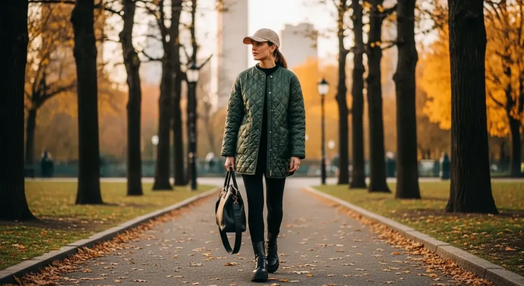 Quilted Jacket + Leggings + Baseball Cap Must-Have Fall Outfits Ideas
