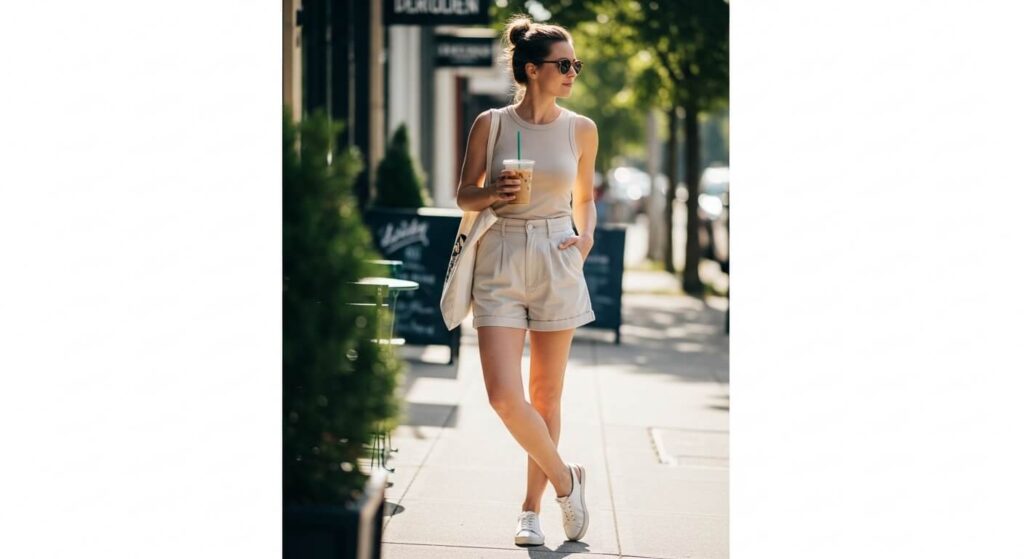 The Tank & High-Waist Shorts Combo of summer outfit for moms.