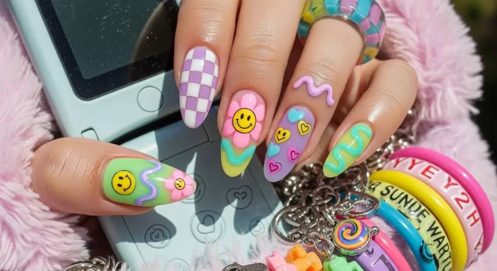 Y2K Checkered + Daisies Combo Almond Nail Inspo for a Cute Summer