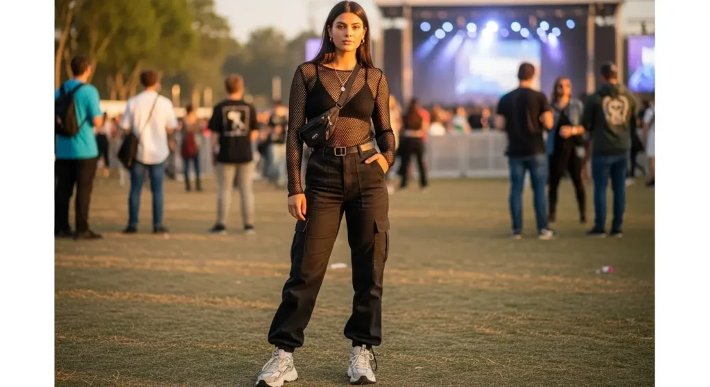 Mesh Top + Bralette + Cargo Pants
summer concert outfits for women.
