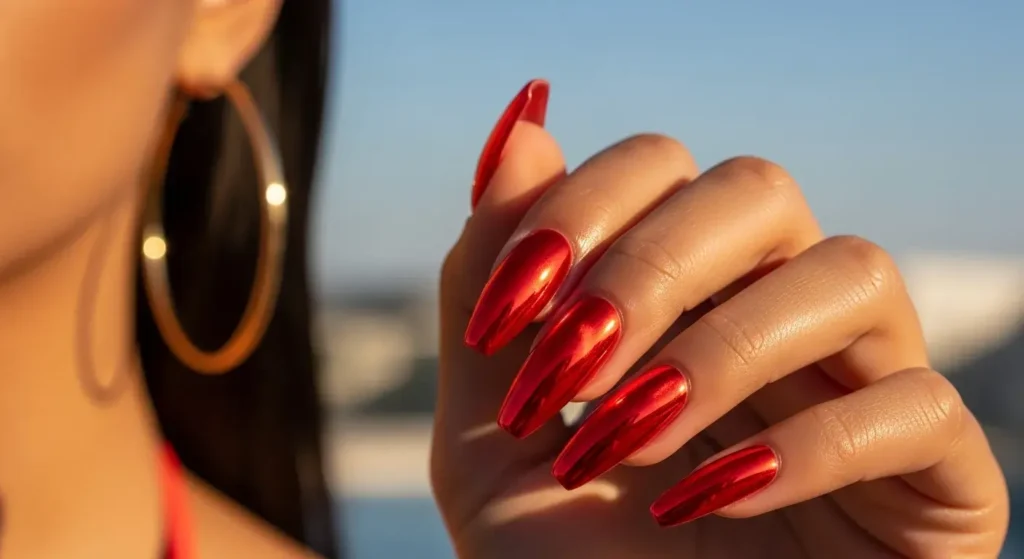 Tomato Red Chrome Bold Red Nails for Summer
