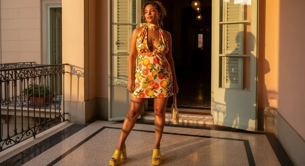 Printed Halter Mini Dress + Platform Mules Barcelona Summer Outfits Guide