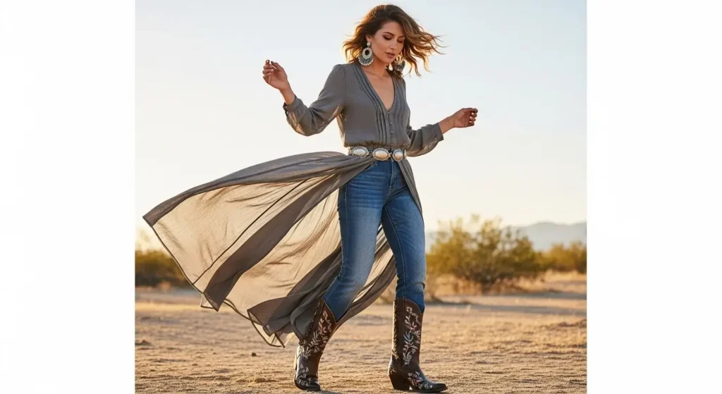 Flowy Maxi Dress + Bootcut Jeans (Underneath!) Summer Cowgirl Outfits