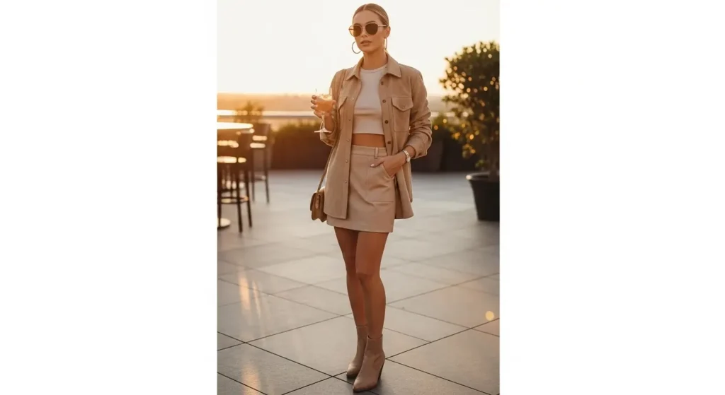 Suede Shirt Jacket + Crop Top + Skort Summer Cowgirl Outfits
