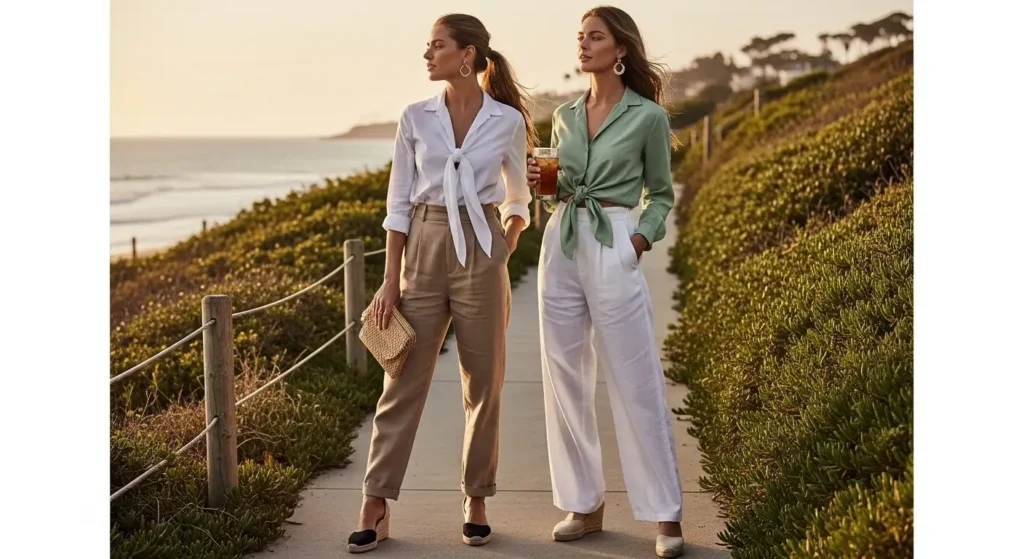 Tie-Front Blouses + High-Waist Linen Pants Beach Summer Outfits for women