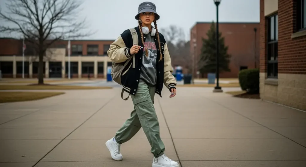 Varsity Jackets + Cargo Pants Winter School Outfits