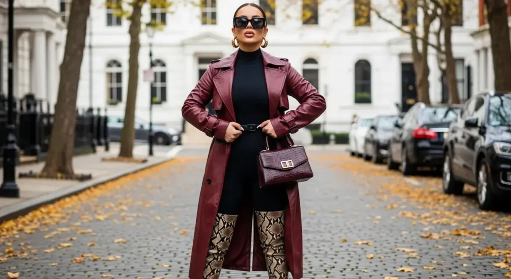Leather Trench + Bodysuit + Statement Boots Baddie Fall Outfits Ideas