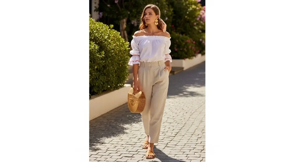 Off-the-Shoulder Blouse + Linen Trousers Classy Summer Outfits
