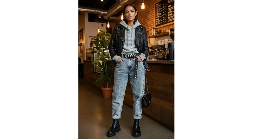Faux Leather Jacket + Acid Wash Jeans + Statement Belt Trendy Baggy Jeans Outfits for Women