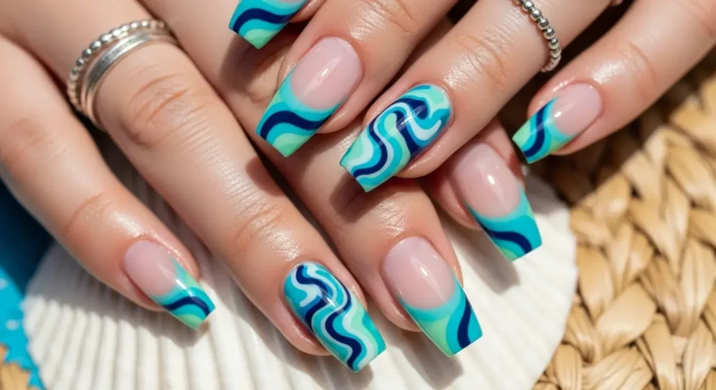 Ocean Marble Tips Cool Blue Nail Ideas for Summer
