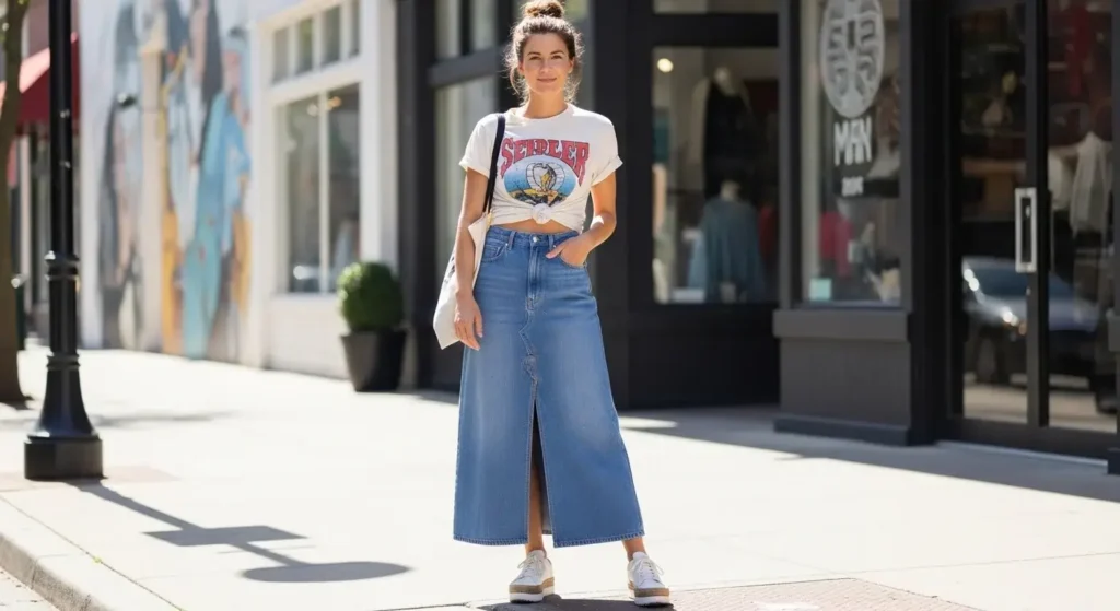 Graphic Tee + Denim Maxi Skirt Long Skirt Outfits for Summer women.
