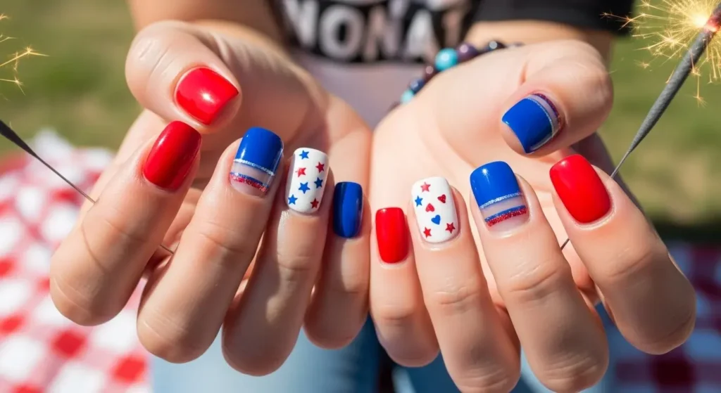 Mismatched Americana Cute July Nails for Summer 2025