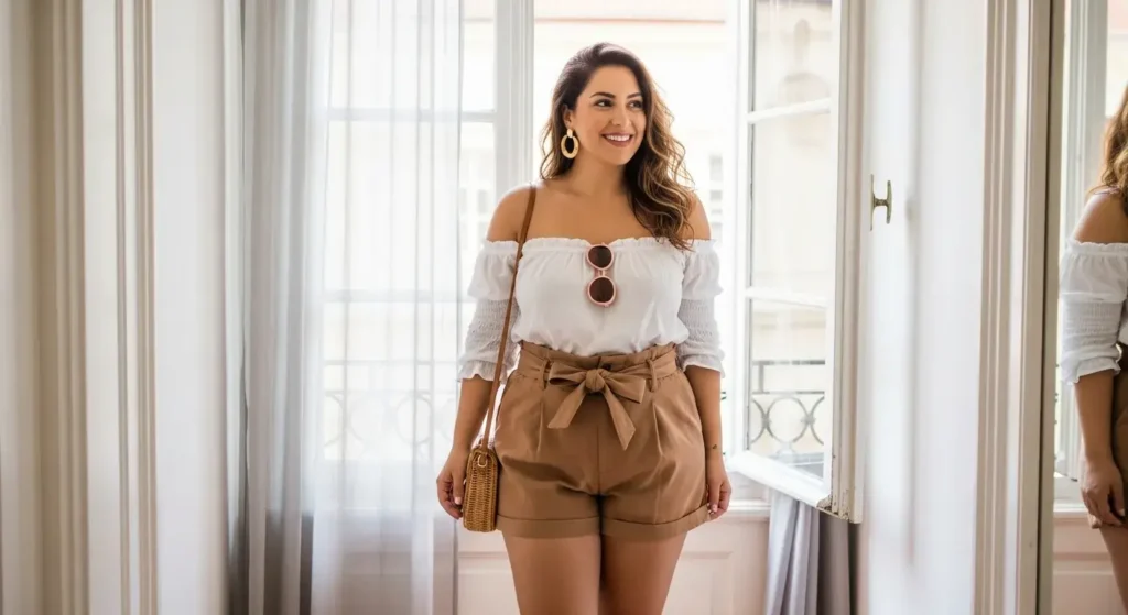 Off-Shoulder Peasant Top + Paperbag Shorts Plus Size European Summer Outfits