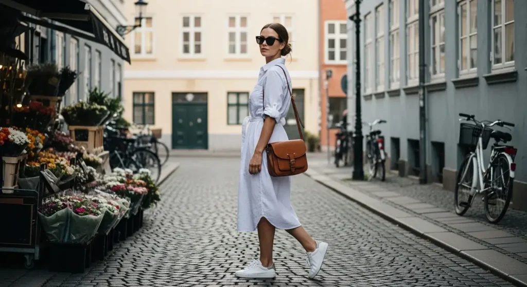 Belted Shirt Dress + Sneakers Cute and Comfy European Summer Outfits Ideas