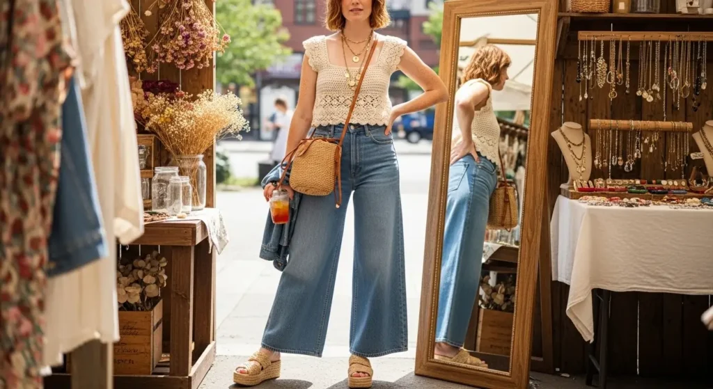 Crochet Top + Wide-Leg Jeans + Straw Accessories Trendy Baggy Jeans Outfits for Women