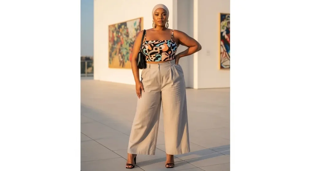 Cropped Cami + High-Waisted Wide-Leg Pants Curvy Summer Outfits for women