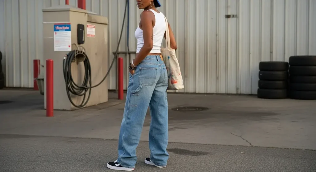 Tank Top + Wide-Leg Carpenter Jeans + Trucker Hat Trendy Baggy Jeans Outfits for Women