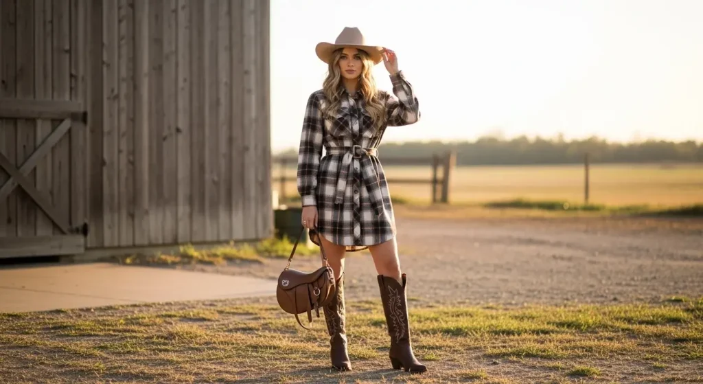 Plaid Shirt Dress + Knee-High Boots Summer Cowgirl Outfits