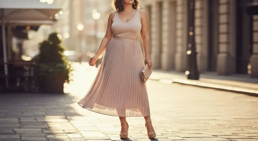 Pleated Skirt + Tucked-In Tank Curvy Summer Outfits for women