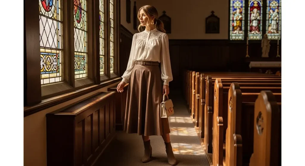 Faux Leather Skirts + Blouse Combos Winter Church Outfits