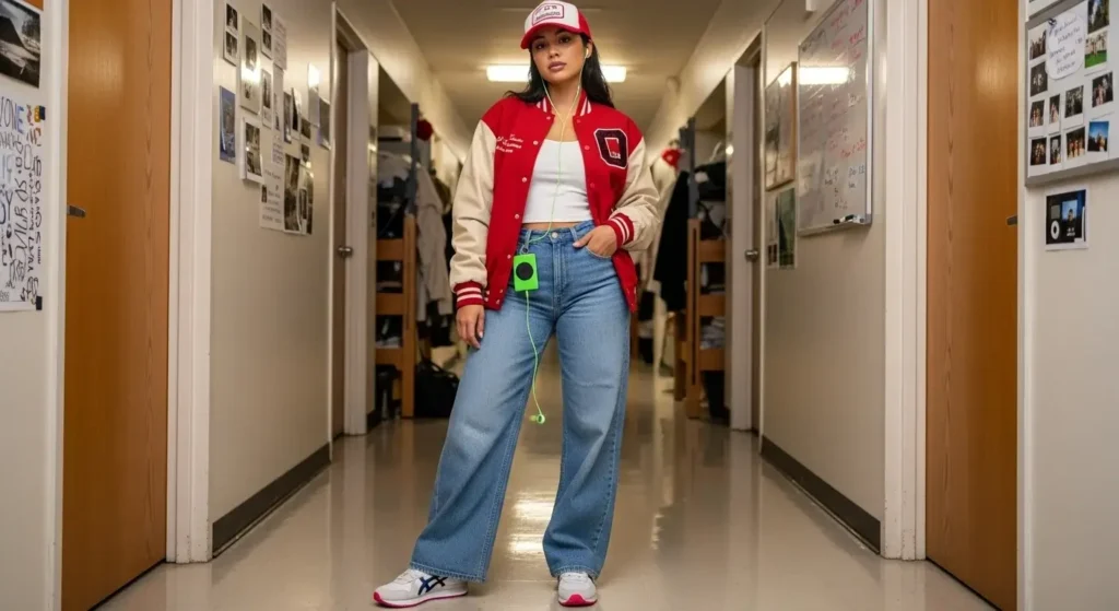 Varsity Jacket + Wide Jeans + Retro Sneakers Trendy Baggy Jeans Outfits for Women