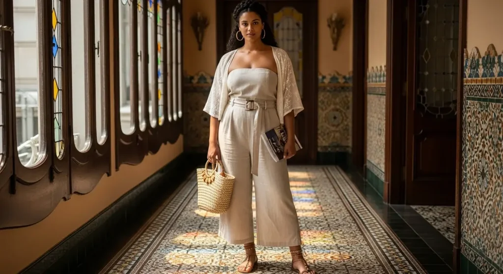 Strapless Linen Jumpsuit + Raffia Tote Gorgeous Summer Outfits to Wear in the Catalan Capital