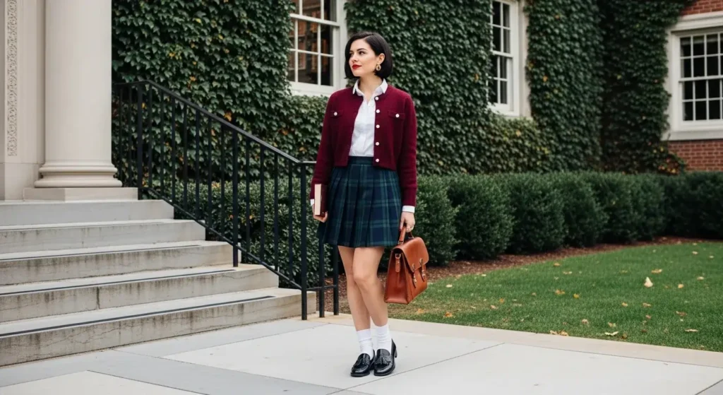 Plaid Mini + Cardigan Combo Preppy Fall Outfits Idea